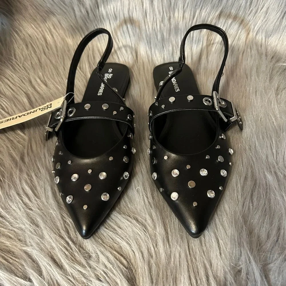 No Boundaries Studded Sling Back Flats Womens Size 8 Black Shoes Adjustable
